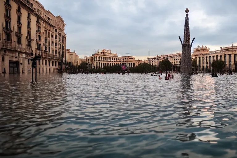 Prompt: views of catastrophic barcelona's buildings covered with high water, people on boats, floating cars, sunset lighting, photo real