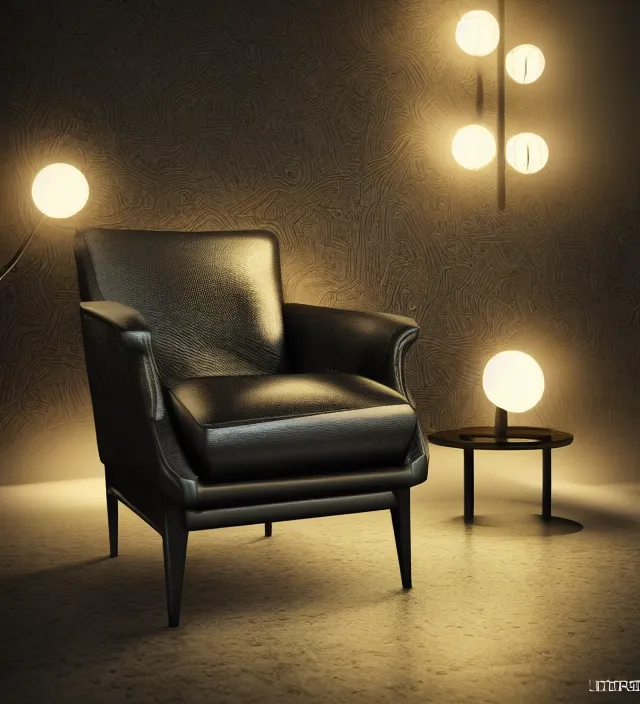 Image similar to a comfortable leather armchair made from gpus, intricate details, neon lights, black background, octane render