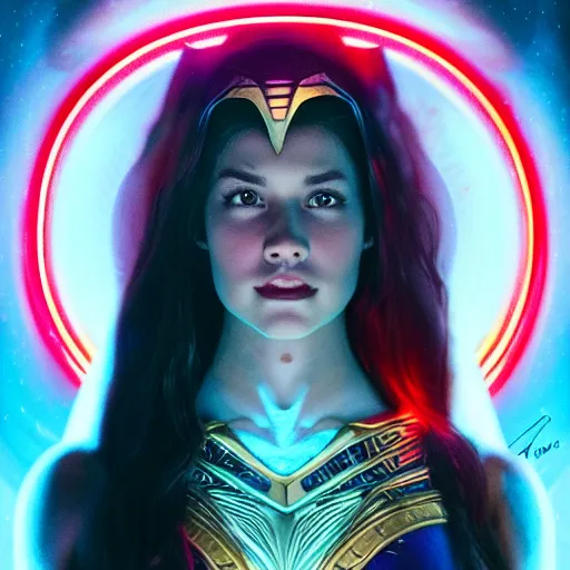 Prompt: olivia rodrigo as darna, wax figure, glowing eyes, volumetric lights, red and cyan theme, art nouveau botanicals, intricate, highly detailed, digital painting, artstation, concept art, smooth, sharp focus, cinematic, illustration, beautiful face, art by artgerm and greg rutkowski and alphonse mucha