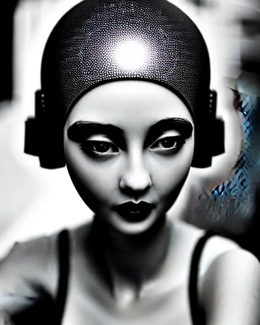 Image similar to black and white dreamy young beautiful female artificial intelligence, metropolis, cinematic, rim light, bokeh, photo - realistic, elegant, high detail, 8 k, masterpiece, photo taken in 1 9 3 0