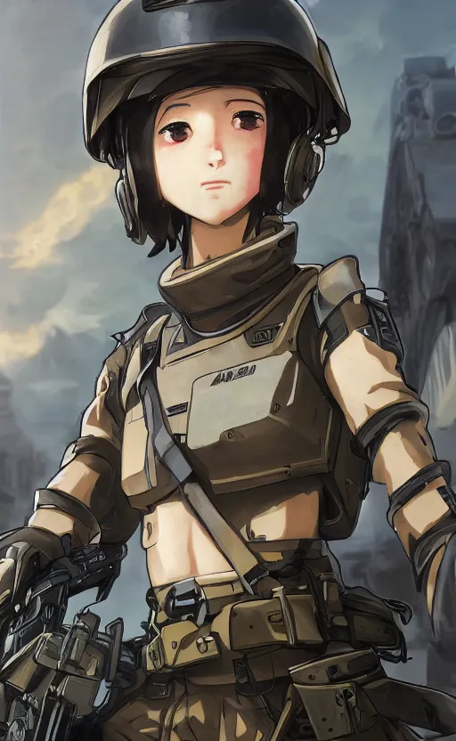 Image similar to portrait of mechanized soldier girl, anime style, urban in background, soldier clothing, combat helmet, short hair, hair down, symmetrical facial features, from arknights, hyper realistic, 4 k, rule of thirds, extreme detail, detailed drawing, trending artstation, hd, d & d, realistic lighting, by alphonse mucha, greg rutkowski