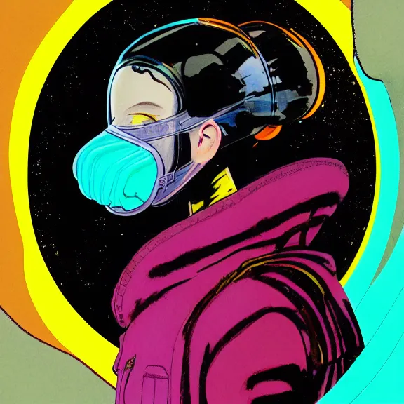 Prompt: illustration of model in plastic space mask wearing baggy colorful 9 0 s rick owens jacket by frank frazetta. sci fi book cover. pastel brutalist background.