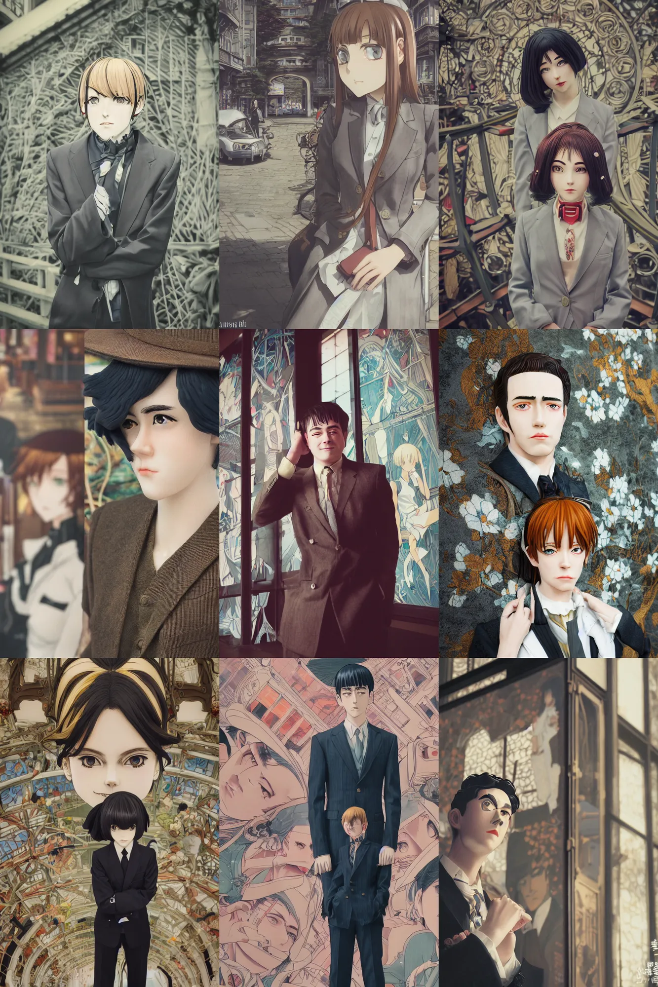 Prompt: Kodak portra 160, 8K, highly detailed, seinen manga 3/4 closeup portrait, eye contact, focus on art nouveau suit, tilt shift background: famous artist in syd mead anime remake, Friends scene