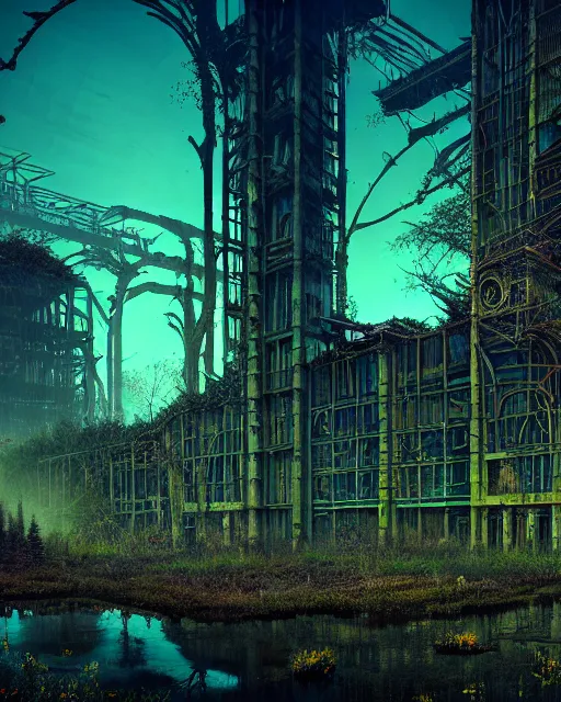 Prompt: a beautiful hyperdetailed rendering of nature abandoned swamp city unfinished building industrial architecture by louis sullivan, cosmic at dusk nightvision meadow dramatic lighting cyberpunk alien uv light flowers morning sun synthwave, archdaily, wallpaper, highly detailed, trending on artstation.