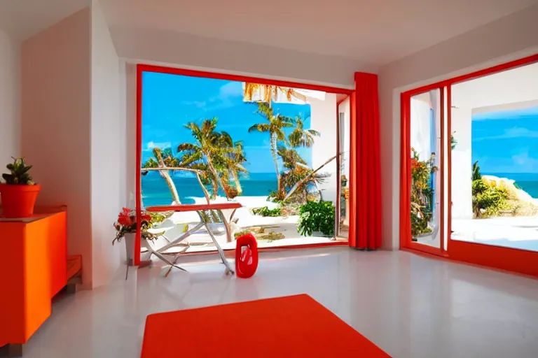 Image similar to a room of a villa with orange walls white floor plants, red piano, a big window with a view of the beach and sea, beautiful cinematic masterpiece very detailed