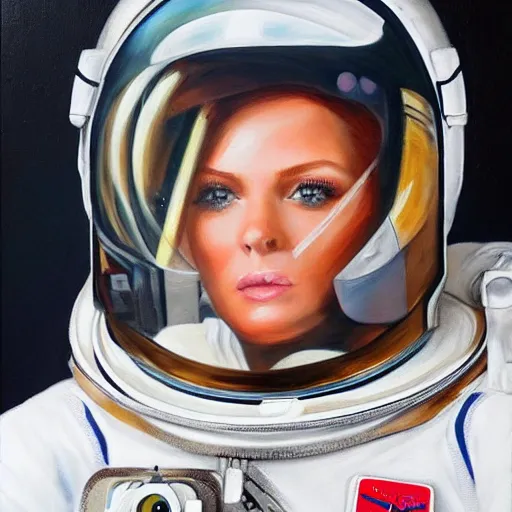 Prompt: redhead fashion model astronaut portrait, hyperrealism oil painting