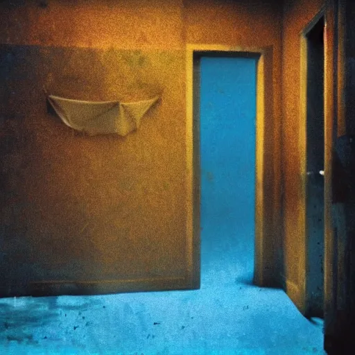 Image similar to a black unicorn in a blue and gold haunted liminal abandoned room, film still by david lynch, limited color palette, very intricate, art noveau, highly detailed, strong lights, liminal, eerie, bright pastel colors