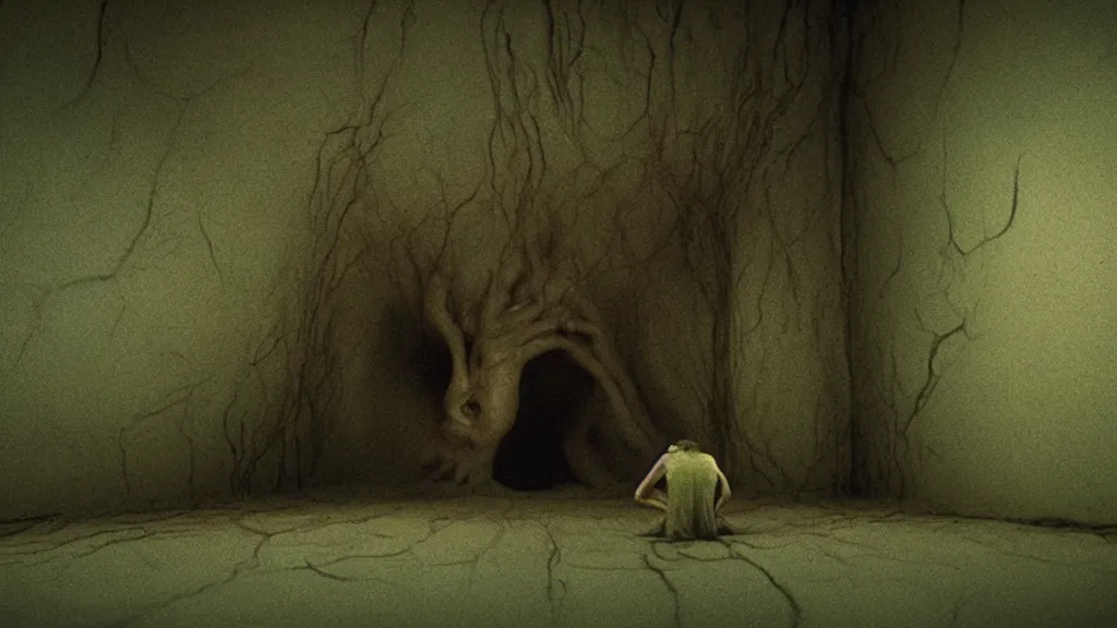 Image similar to the strange creature in the crawlspace, film still from the movie directed by denis villeneuve and david cronenberg with art direction by salvador dali and zdzisław beksinski, long lens