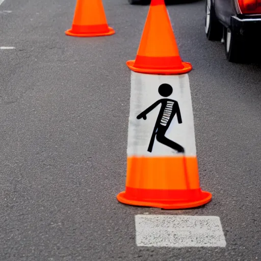 Prompt: a skeletonwith traffic - cones for hands