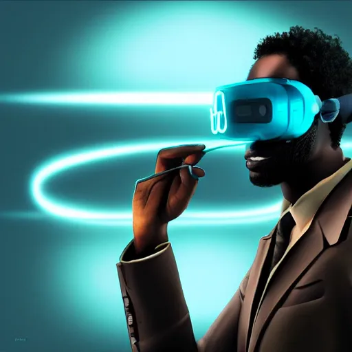 Image similar to dark skinned man wearing futuristic vr headset neon lights ambient light unity game ultra - realistic in the style of enkai bilal