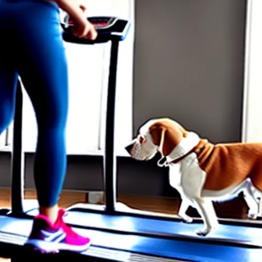 Image similar to A woman walking on a treadmill with her dog walking on a smaller treadmill next to her