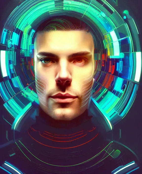 Prompt: a whirlwind inside the metaverse, guy, male, man, science, machine face, futuristic, hologram, half body, neurochip, android, cyberpunk face, by loish, d & d, fantasy, intricate, elegant, highly detailed, colorful, digital painting, artstation, concept art, art by artgerm and greg rutkowski and alphonse mucha