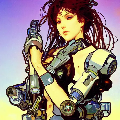 Image similar to beautiful woman cybernetic combat mech augmentations sunflower field sunset beautiful by alphonse mucha yoji shinkawa and james gurney artstation hyperrealism