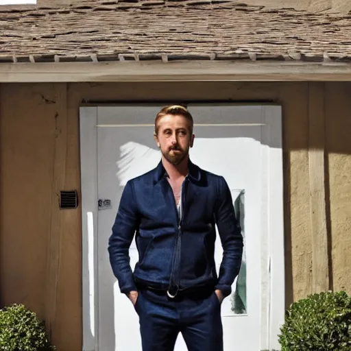 Prompt: ryan gosling stands outside 1 8 2 8 santa ynez, los angeles