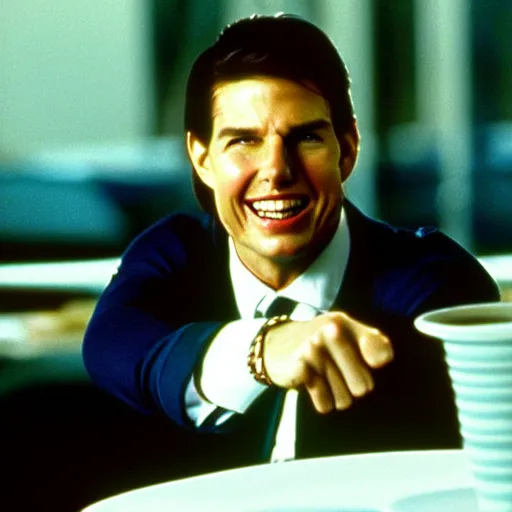 Prompt: Tom Cruise with a psychotic grin, as Patrick Bateman in American Psycho (2000)