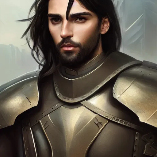 Image similar to a portrait of an attractive young man, clothed in battle armor, olive skin, long dark hair, beautiful bone structure, symmetrical facial features, intricate, elegant, highly detailed, digital painting, trending on Artstation, concept art, smooth, sharp focus, illustration, in the style of artgerm and greg rutkowski and alphonse mucha