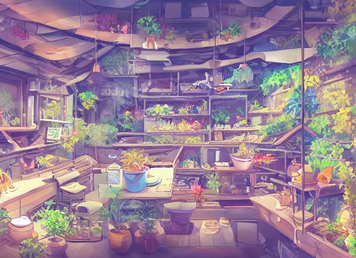 Image similar to wide angle two - point - perspective panoramic anime background clean neat clarity professional visual development set design, tiny cozy store with hanging bird cages and bright fish aquariums, sparse planted terrariums, dim painterly lighting volumetric aquatics, impasto, trending on pixiv