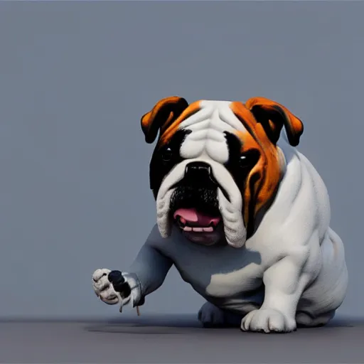 Image similar to photorealistic painting of a bulldog holding a dagger by Guido Reni, highly detailed, cute, unreal engine render, 8k, award winning, trending on artstation