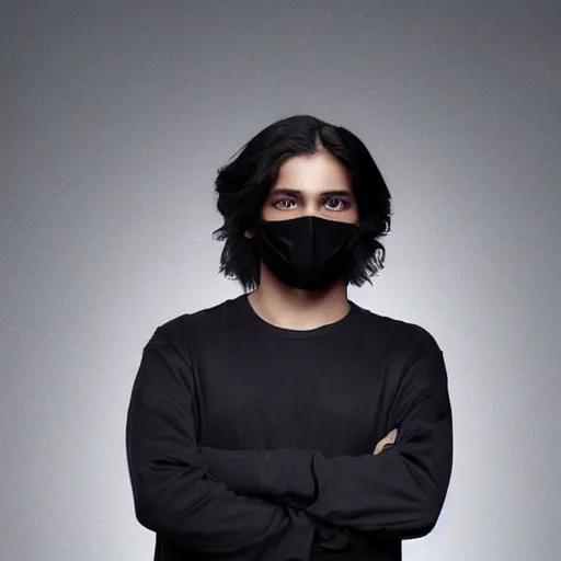 Image similar to professional digital art of a young adult man with slightly long hair wearing a black face mask and a form-fitting dark sweatshirt with dark sweatpants, high quality, HD, 8K, highly detailed, award-winning, fantasy, quiet