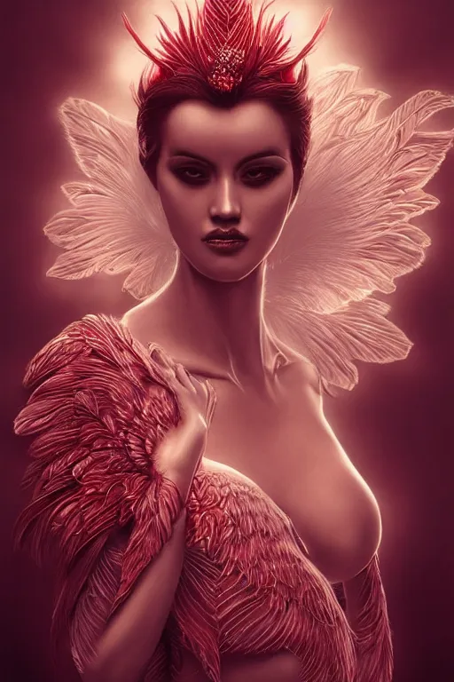 Prompt: Ethereal Cardinal WOMAN bird, intricate detail, ornate, conceptual art, soft light, dynamic, art by artgerm , fine art high quality printing, fine art with subtle redshift rendering