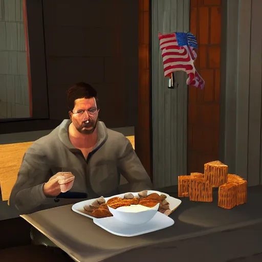 Prompt: jc denton from deus ex videogame eats cereal at a table near liberty island