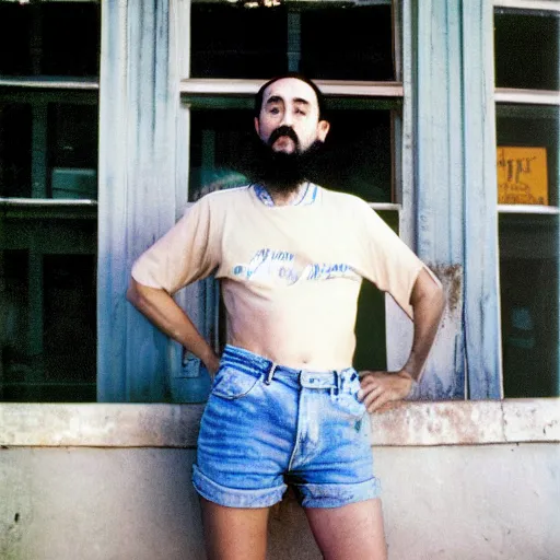 Image similar to fidel castro wearing denim shorts, full body portrait, 3 5 mm film, by nan goldin