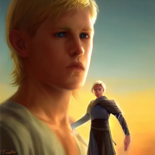 Image similar to a young blonde male jedi with short hair standing still looking at the sunset concept art by Doug Chiang cinematic, realistic painting, high definition, concept art, portait image, path tracing, serene landscape, high quality, highly detailed, 8K, soft colors, warm colors, turbulent sea, high coherence, anatomically correct, hyperrealistic, concept art, defined face, five fingers, symmetrical