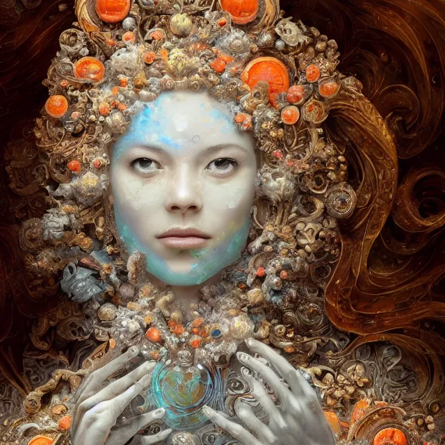 Prompt: human portrait, face, wearing a carved mineral mask with tiny mineral incrustations, godness, ethereal, opal, elements, baroque, rococo, white + orange + ink + tarot card with ornate by marc simonetti, peter mohrbacher, cinematics lights, detailed, intricate illustration, octane render, fractal bacground, fine art, golden ratio, cyborg