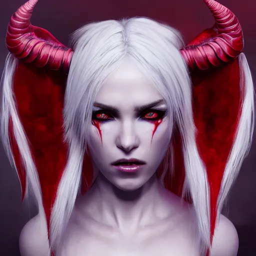 Image similar to a highly detailed portrait of a humanoid demon girl with white hair, red horns, in white clothes, artstation, deviantart, professional, unreal engine 5, photorealistic