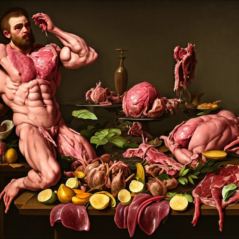 Prompt: still life of beautiful perfect muscled man body, surrounded by pastel tropical flowers, tropical fruit, human spine, rotten meat flesh with colorful mold, muscle tissue, spikes, baroque painting, beautiful detailed intricate insanely detailed octane render, 8K artistic photography, photorealistic, chiaroscuro, Raphael, Caravaggio