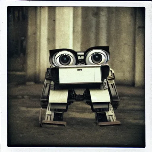 Image similar to WALL-E returning from the war, old polaroid