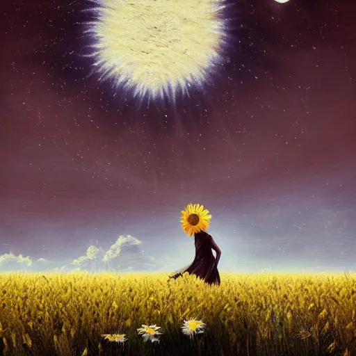 Image similar to giant daisy flower as a head, girl walking in wheat field, hills, surreal photography, moon light, dark night, star trails, dramatic light, impressionist painting, clouds, digital painting, artstation, simon stalenhag