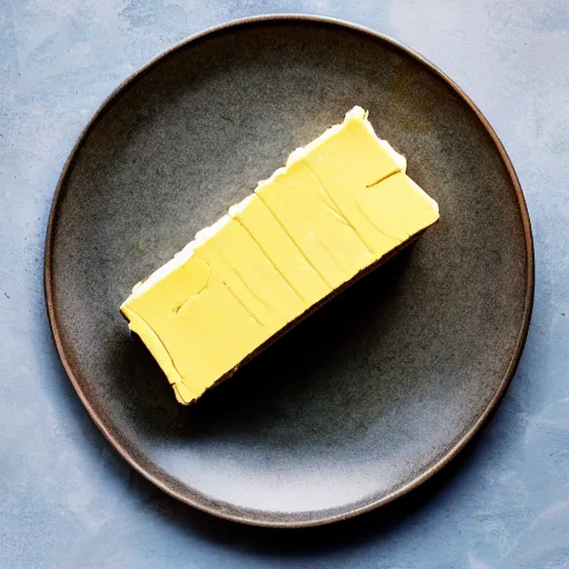 Prompt: a plate on a dinner table with a big block of butter on it, photo