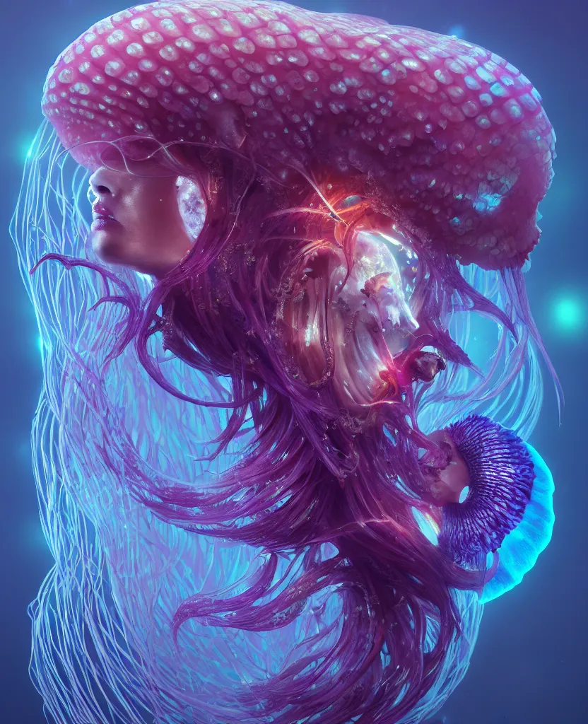 Image similar to goddess close-up portrait. orchid jellyfish phoenix head, nautilus, skull, betta fish, bioluminiscent creatures, intricate artwork by Tooth Wu and wlop and beeple. octane render, trending on artstation, greg rutkowski very coherent symmetrical artwork. cinematic, hyper realism, high detail, octane render, 8k