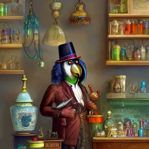 Image similar to Anthropomorphized parrot trader in his shop, selling his wares, portrait, items, items, magic potions, carpet, window, fancy hat, sly expression , cunning expression, cute expression, long thick shiny black beak, presenting wares, holding a bag, D&D, fantasy, cinematic lighting, highly detailed, digital painting, artstation, concept art, smooth, sharp focus, illustration, warm light, cozy warm tint, magic the gathering artwork, volumetric lighting, 8k, art by Akihiko Yoshida, Greg Rutkowski