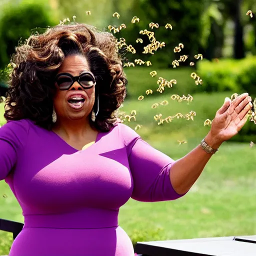 Image similar to Oprah Winfrey releasing bees to her audience laughing maniacally