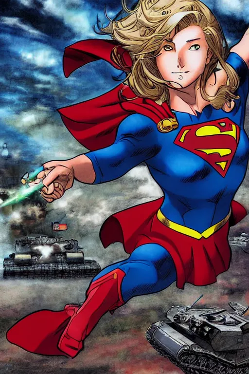 Prompt: a dramatic scene of supergirl leaping onto a tank and smashing it, on a battlefield, smoke, fires, explosions, manga art by masamune shirow, close - up, low angle, wide angle, highly detailed digital art