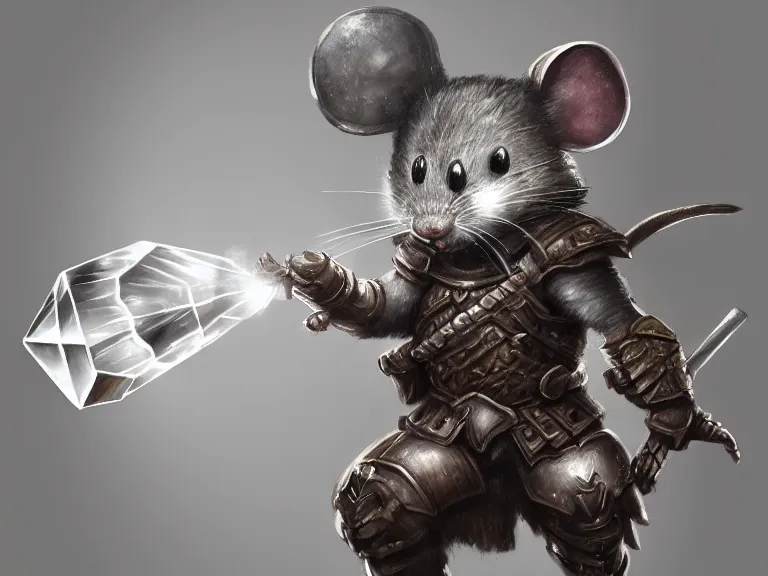 Prompt: warrior mouse with armor reaches for floating crystal, RPG Portrait, trending on Artstation, Pose Study, Photorealistic, ultra detailed, award winning