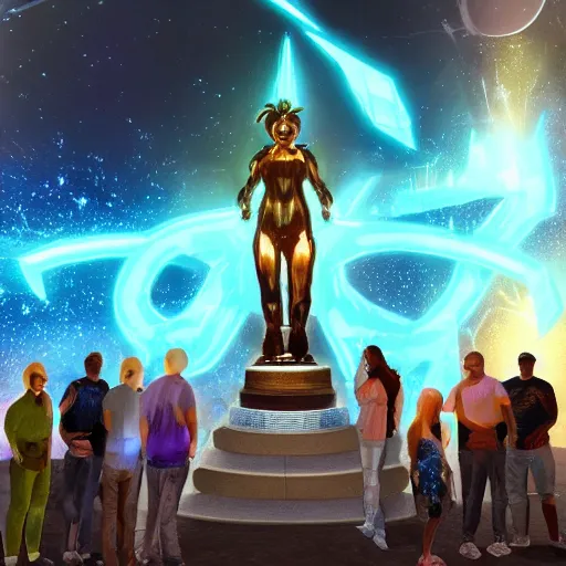 Prompt: zeta cohort gathering in a virtual realm around a huge zeta monument, radiant light, concept art, epic zeta symbol statue, by craig malismo