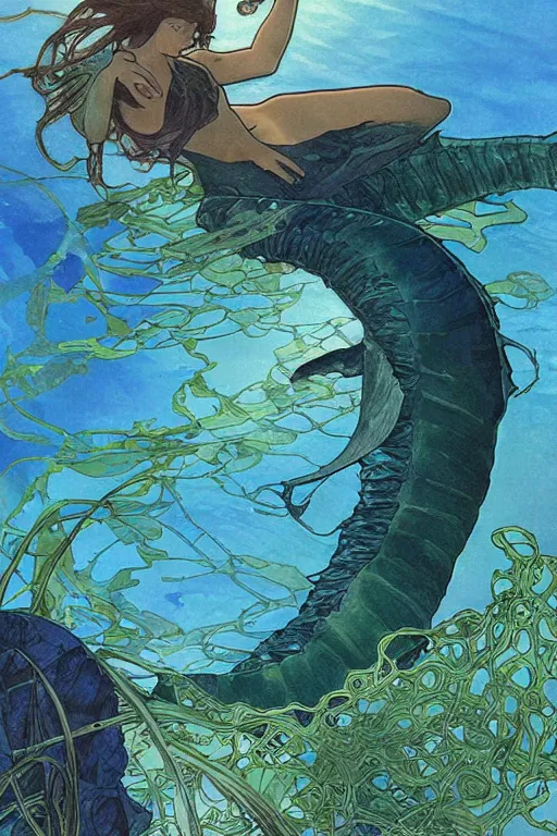 Image similar to a plesiosaur swimming in kelp in sinister green and blue lake, water color, art by artgerm and greg rutkowski and alphonse mucha and jin xiaodi and anthony devine