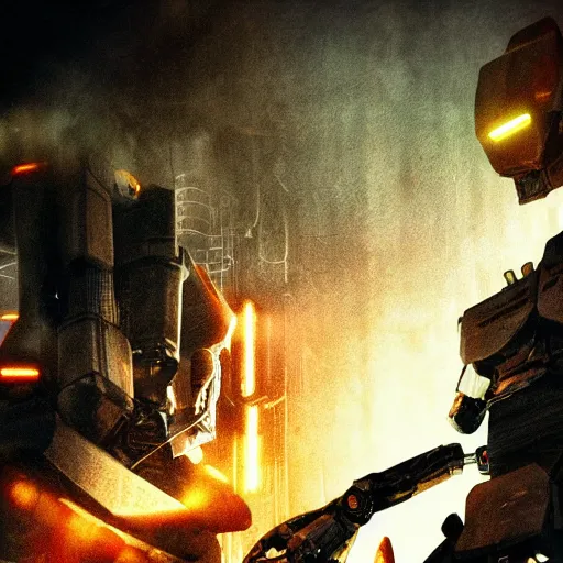 Image similar to closeup of mecha with surface of knives and forks, dark messy smoke - filled cluttered workshop, dark, dramatic lighting, orange tint, cinematic, highly detailed, sci - fi, futuristic, movie still from blade runner