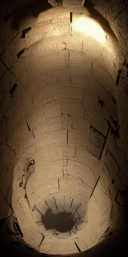 Image similar to a vertical prison in a pit with a hole in the center. dark style, cinematic lighting, side view