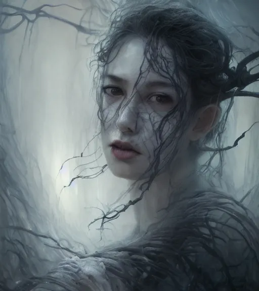 Prompt: a beautiful terrifying ghost portrait black eyes twisted trees, floating cloth whirlpool, butterfly hard lighting ethereal horror fantasy art by and hajime sorayama raymond swanland and monet, ruan jia, by wlop, 4 k hd artstation concept art greyscale