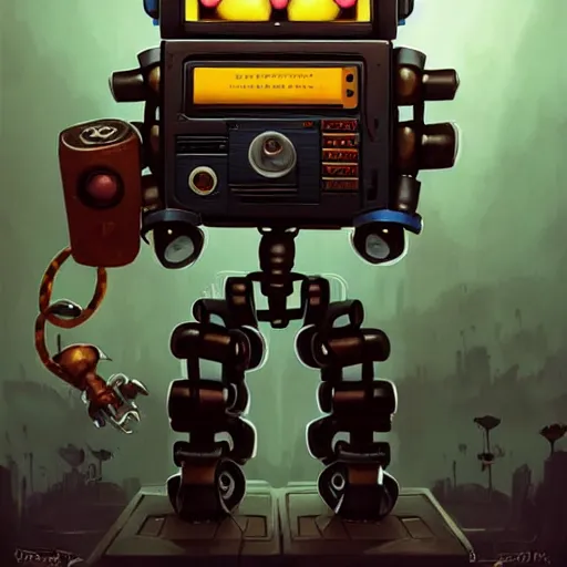 Image similar to robot [ thing ], holding a boombox, holding a bomb, tiny, small, short, cute and adorable, pretty, beautiful, dnd character art portrait, matte fantasy painting, deviantart artstation, by jason felix by steve argyle by tyler jacobson by peter mohrbacher, cinema