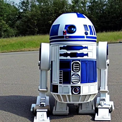 Prompt: r2-d2 driving around woodstock