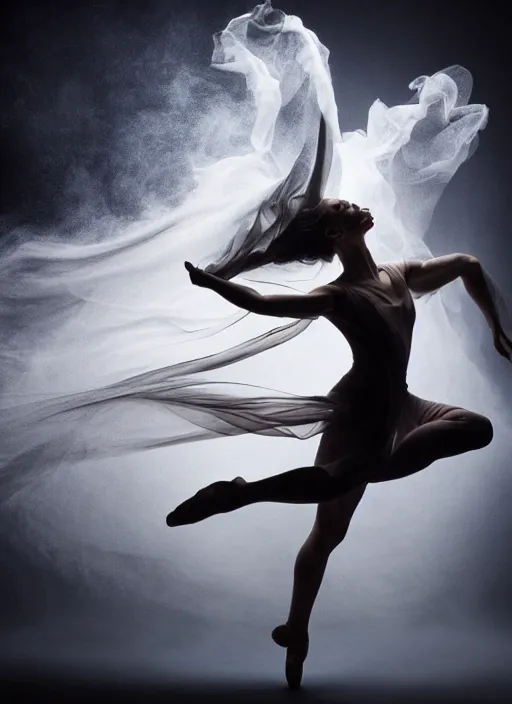 Image similar to a Photorealistic dramatic hyperrealistic render of a beautiful Female smoke dancer by Ken Brower and Deborah Ory of NYC Dance project,Lois Greenfield,Flowing cloth and smoke,Beautiful dynamic dramatic dark moody lighting,volumetric,shadows,cinematic atmosphere,Octane render,8K