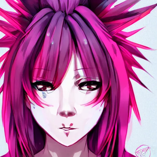 Image similar to full headshot portrait of anime woman with pink mohawk punk, digital art, drawn by WLOP, by Avetetsuya Studios, anime manga panel, trending on artstation, wearing a plaid shirt