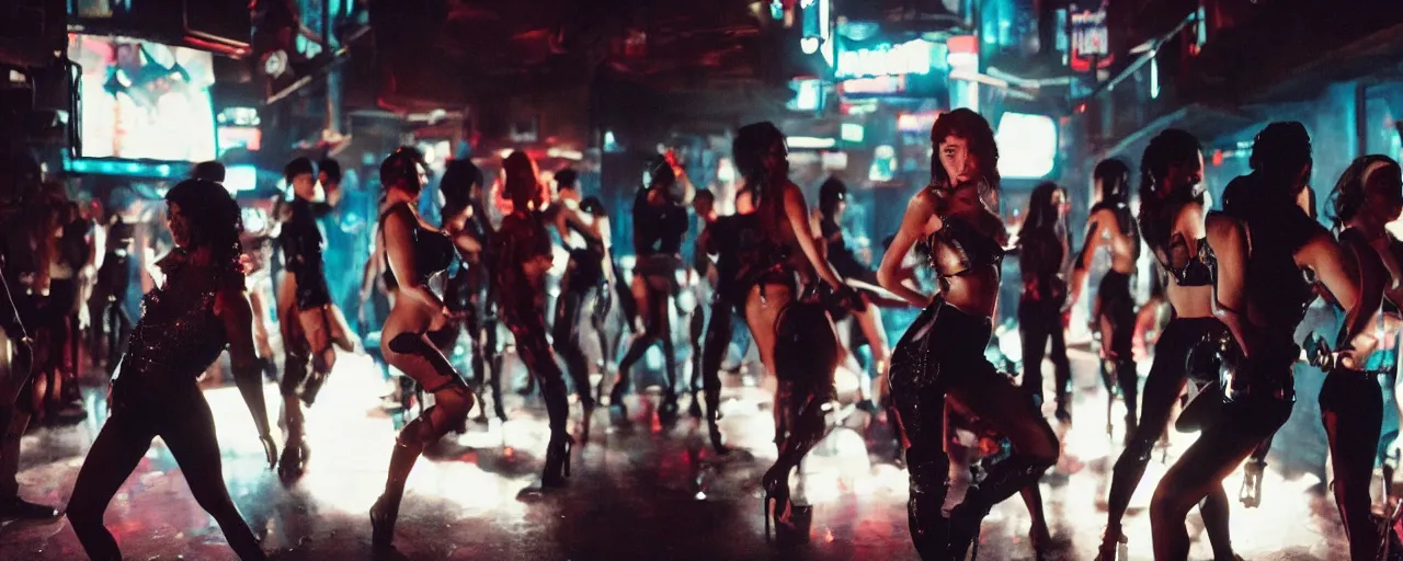Image similar to gangster in cyberpunk night adult club, 3 5 mm, show. girls dancing, low angle, blade runner, akira, cinematic angle, cinematic lighting, reflections, action, fight