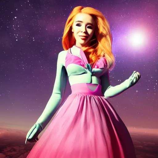 Image similar to photo realistic photo of belle delphine posing in space