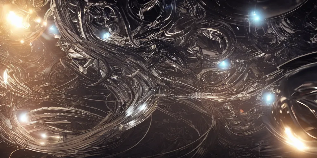 Image similar to swirling abstract cyborg parts and bio - mechanical tendrils and ornate flowing smoke streams and liquid light streaks surround a small metallic sphere, cinematic, unreal engine